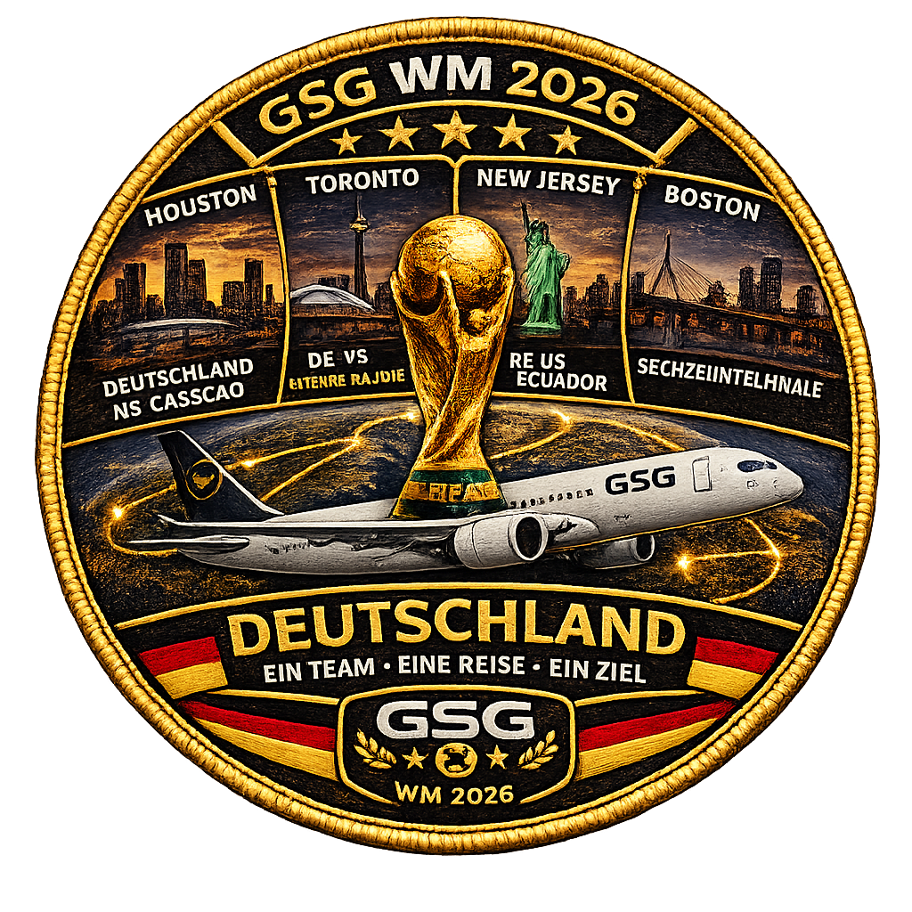 Legendär: Du hast ALLE sechs GSG WM-2026-Specials abgeschlossen – Mannschaftsflug LH434, die vier Spiele (Houston, Toronto, New Jersey, Boston) und die Heimreise LH429. Belohnung: dieser Patch + 1.000 Bonus. Vergabe nach Ende des Heimreise-Fensters (13.07.2026).