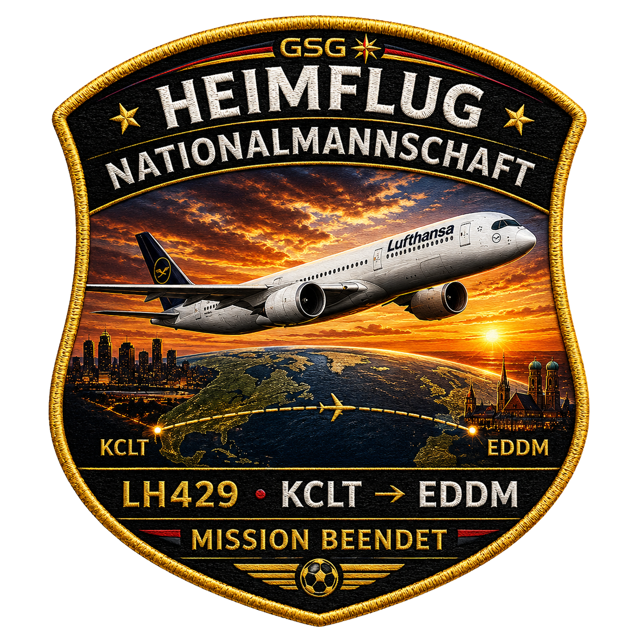 Mission beendet: Rückflug LH429 Charlotte → München nach dem WM-Aus. Vergeben für den Abschluss des GSG WM-Specials „Die Heimreise".